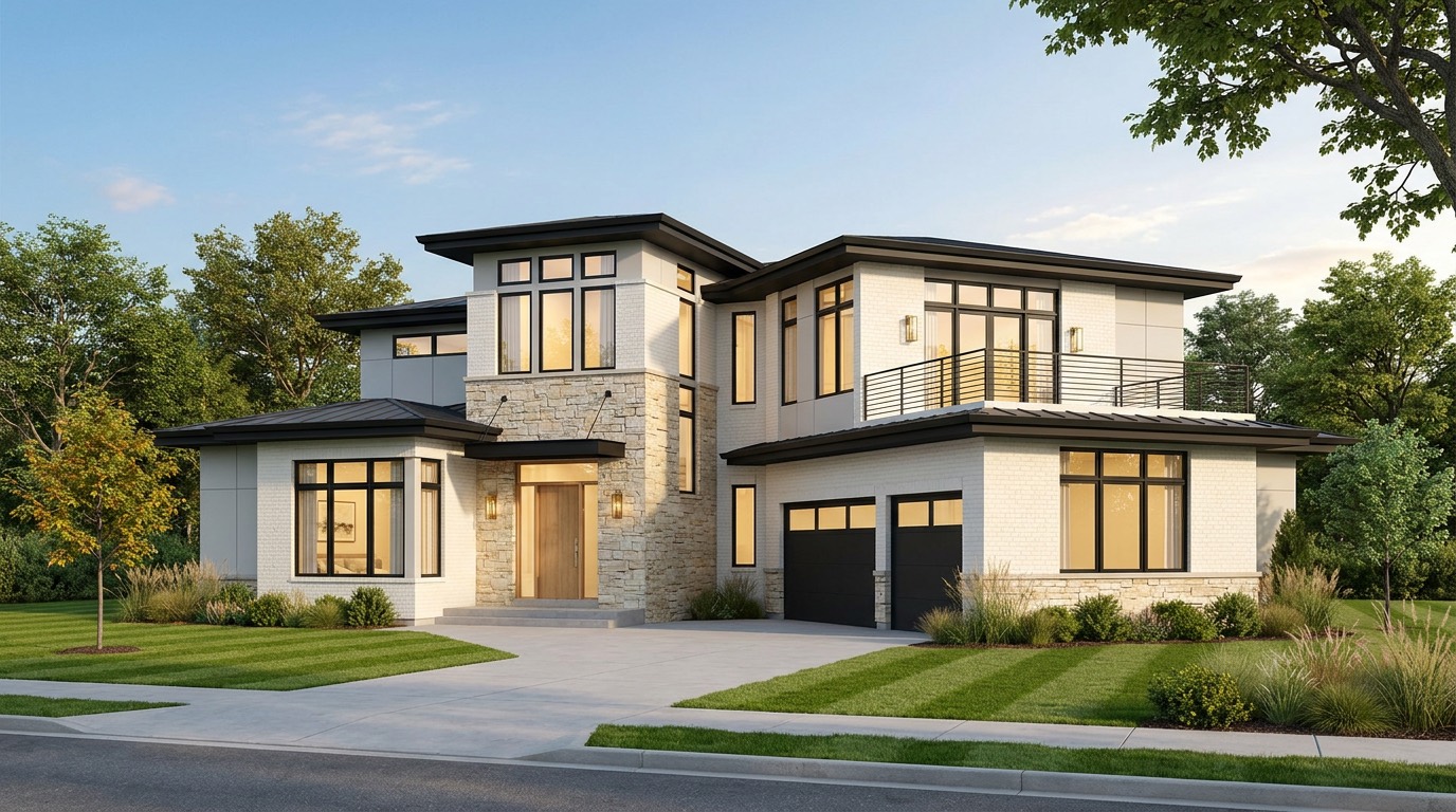 Front view of a warm modern two-story custom home by Choice Custom Homes: white brick, natural limestone entry, black-framed windows.
